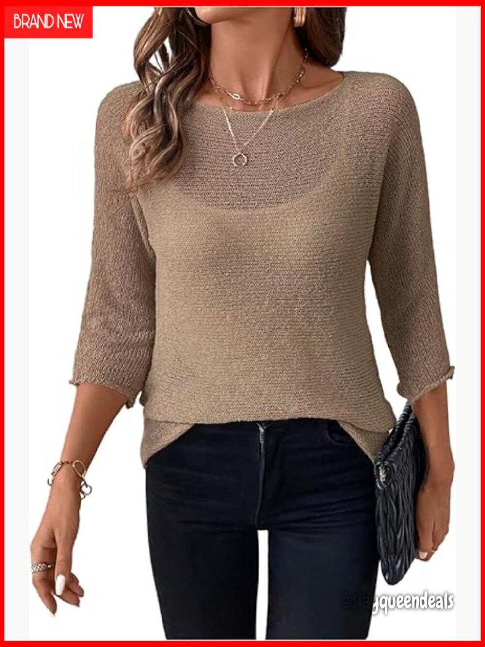 Sheer Knit Top Boat Neck 3/4 Sleeve Lightweight Sweater Pullover